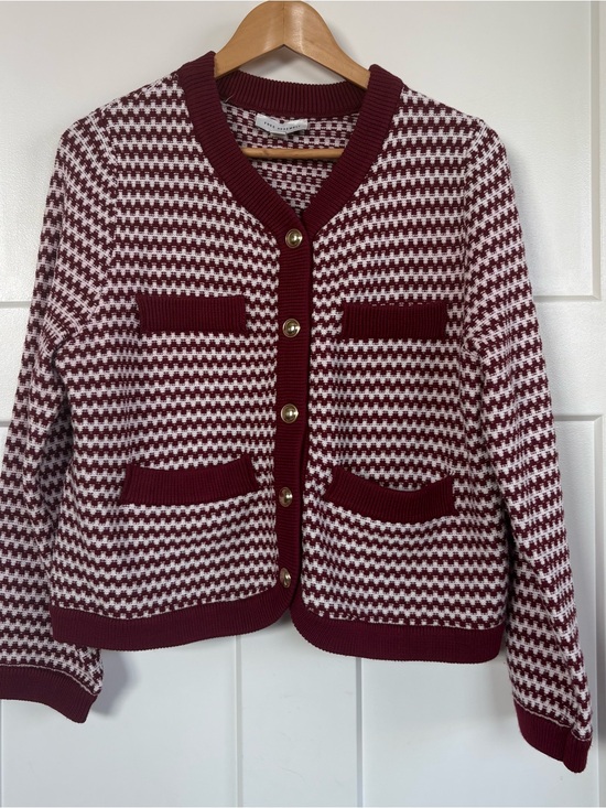 Free Assembly Sweaters - Free Assembly Woven Houndstooth Burgundy & White Cardigan Sweater S: Large